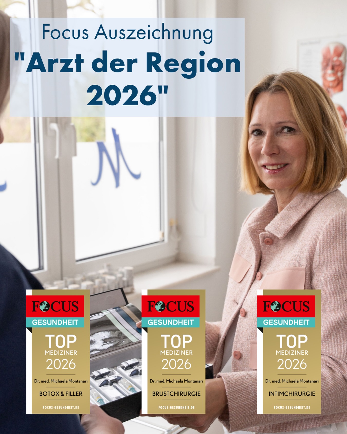 Die Wahl des richtigen Arztes ist eine Vertrauensentscheidung – umso mehr freuen wir uns über eine besondere Auszeichnung:
Dr. Michaela Montanari wurde von FOCUS Gesundheit als „Arzt der Region 2026“ausgezeichnet.
Die Empfehlungen von FOCUS Gesundheit sollen Patienten bei der Suche nach einem geeigneten Arzt Orientierung bieten. In die Bewertung fließen unter anderem die fachliche Qualifikation, ärztliche Empfehlungen, Patientenfeedback sowie weitere Qualitätsmerkmale ein.
Darüber hinaus trägt Dr. Michaela Montanari auch die FOCUS-Siegel „Filler & Botox“, „Intimchirurgie“ und „Brustchirurgie“. Sie spiegeln die fachlichen Schwerpunkte ihrer langjährigen Tätigkeit und ihre besondere Expertise in diesen Bereichen wider.
Für uns sind diese Auszeichnungen vor allem eine Bestätigung dessen, wofür wir jeden Tag arbeiten: eine individuelle und ehrliche Beratung, höchste medizinische Qualität und eine Behandlung, bei der sich jeder Patient gut aufgehoben fühlt.
Ein herzliches Dankeschön an alle Patienten für ihr Vertrauen und an unser gesamtes Team, das mit großem Engagement jeden Tag dazu beiträgt. Diese Anerkennung ist eine schöne Motivation, unseren Weg auch in Zukunft mit derselben Leidenschaft fortzusetzen.
In diesem Sinne – auf geht´s in eine neue Woche mit vielen lieben Patienten und Patientinnen!🫶🏻
#FocusGesundheit #ArztDerRegion #Brustchirurgie #Intimchirurgie #Bochum